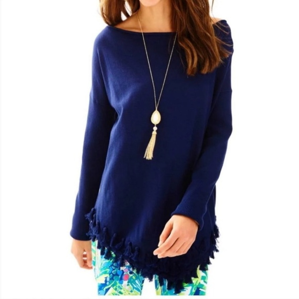 Lilly Pulitzer True Navy Asymmetrical Tassel Hem Cowlneck Ferrera Sweater